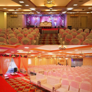 Elegant banquet hall setup for a wedding at S2M Weeding Marriage and Party Hall, featuring beautiful decor and intimate seating arrangements.